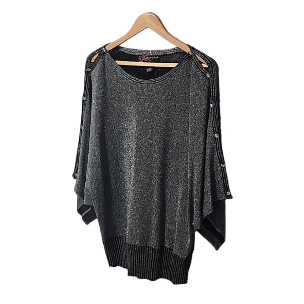 PECK & PECK Metallic Kimono Sleeve Blouse L Silver Batwing Retro 80s Shimmer Top